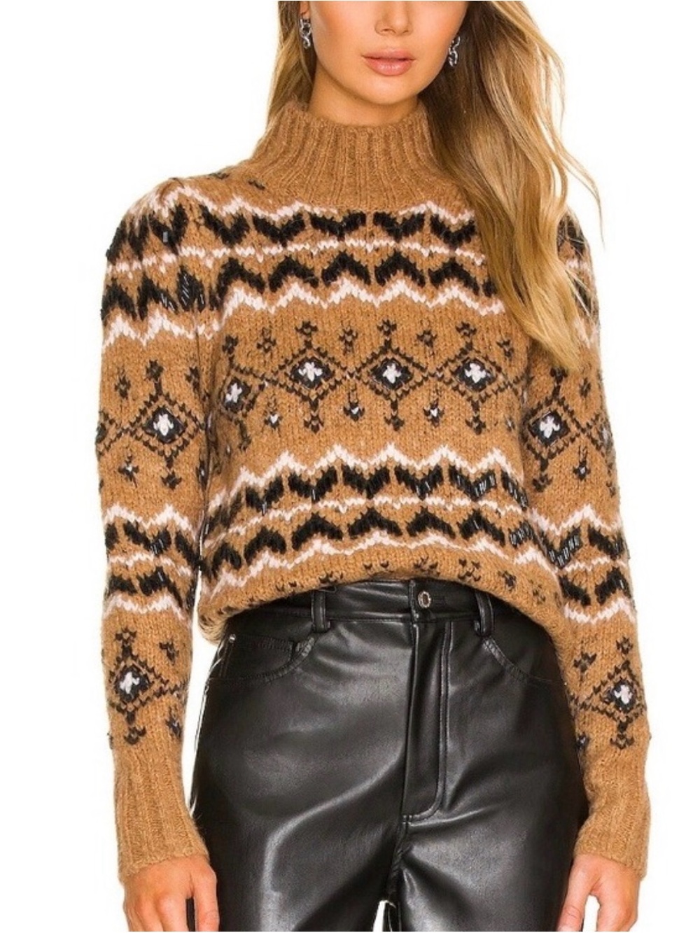 Veronica Beard Camel Fair Isle Turtleneck Sweater with Black & Cream Accents